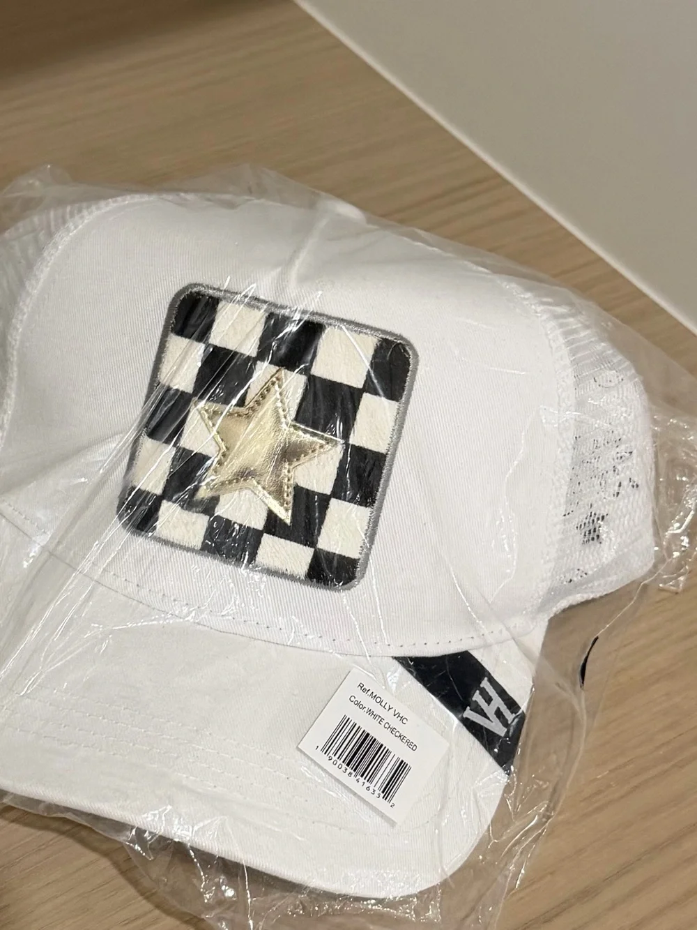 White Cap with Checker Patch and Washed Gold Star Vintage Havana Trucker Hat NWT